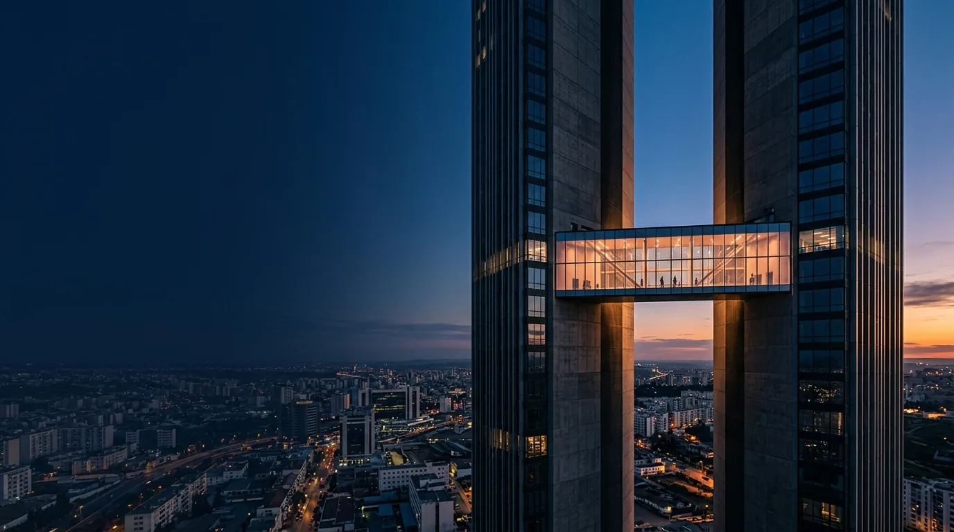 Passerelle vitrée éclairée reliant deux tours au crépuscule