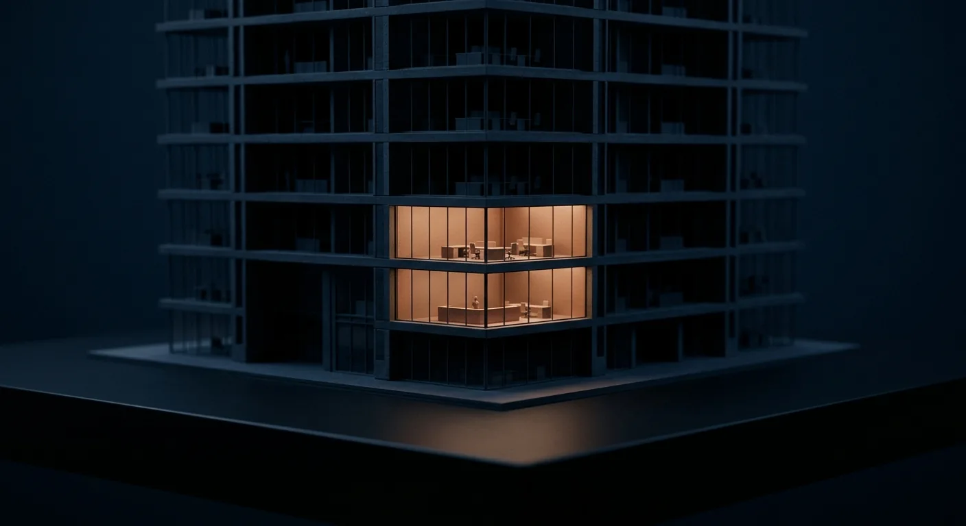 Maquette d'architecture d'un immeuble de bureaux éclairée de l'intérieur