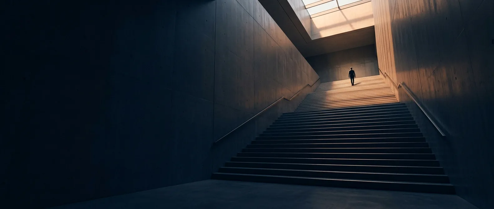 Escalier monumental s'élevant vers la lumière — symbole de la démarche EBSOLUTION